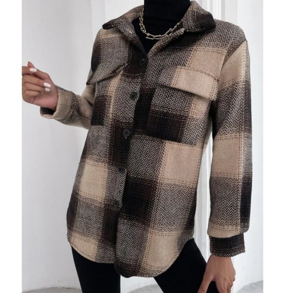plaid print button up overcoat fall winter casual trending - Picture 2 of 6